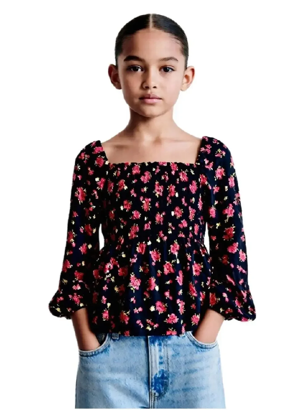 Floral Long Sleve Boho Cottage Core Fairy Black Red Scrunch Stretch Sz Girls L